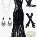 Women 1920S Gatsby Sequin Mermaid Formal Evening Dress with 20s Accessories Costume L