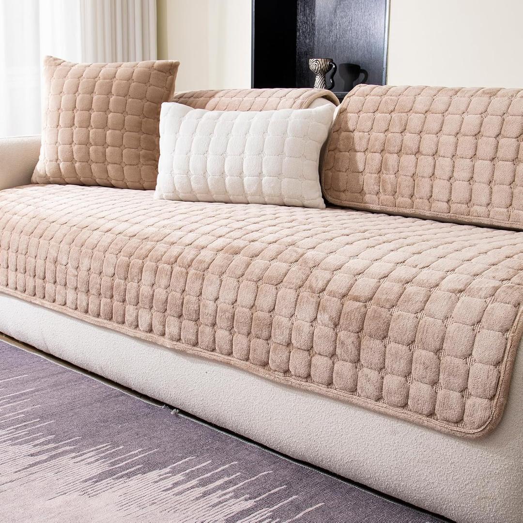 Velvet Couch Cover, Washable Sectional Sofa Cover, Anti Slip Sofa Slipcover for 3 Cushion Couch Sofa L Shaped Armrest Backrest, Furniture Protector Covers for Pets Kids(Khaki, Only 1 PCS)