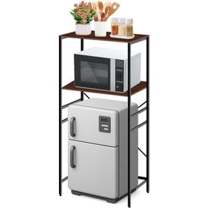 Adjustable Microwave Stand for Mini Fridge - Over Refrigerator Shelf Organizer with Storage Rack, Height Adjustable Space Saver for Dorm, Kitchen, Office Use, Brown