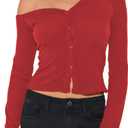 Women's Off The Shoulder Cropped Cardigan Sweaters Long Sleeve Button Down Ribbed Slim Fit Going Out Shirts Fall (Medium)