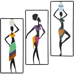 PUDASTO 3 Pieces African Wall Art Decor, Maximalist Hanging African Woman Wall Art, Abstract Metal Wall Art, Ethnic Dance Style Drawing Wall Decor for Home Kitchen Bathroom Living Room Bedroom