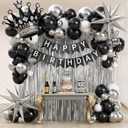 Black Birthday Decorations for Men with White Black and silver Balloons Banner Metallic Silver Fringe Curtain for 21st 25th 27th 30th 35th 40th 50th 60th Men Birthday Decorations