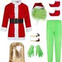 9PCS Adult Cosplay Costume,Green Monster Costume,Christmas Costume Set for Men,Santa Claus Outfit-Including Masks (X-Large)
