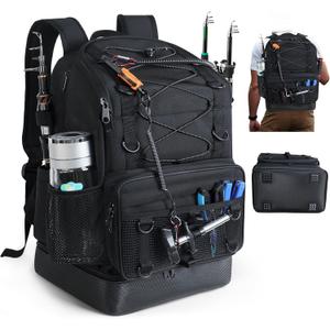 SKAITU Fishing Backpack with Rod Holder, Heavy Duty Fishing Bag with Waterproof Bottom, Tackle Backpack Gifts for Man Woman (Black-30l: (Without Box))