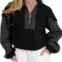Women's Oversized Sweatshirts Color Block Pullovers Half Zipped Cropped Long Sleeve Casual Tops (Black)