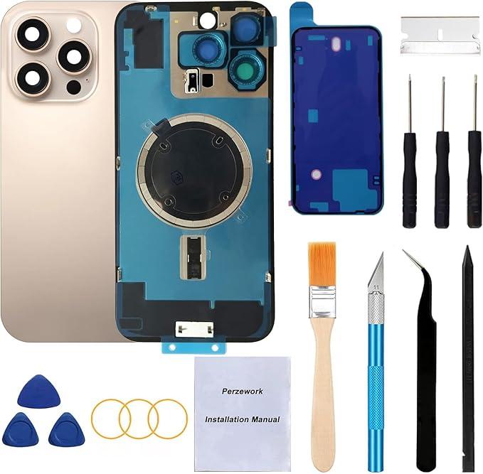 Perzework Rear Back Glass Replacement for iPhone 16 Pro Max 6.9-inches + Pre-Installed Plate and Camera Frame and Lens  (Desert Titanium)