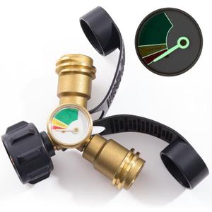 Propane Tank Splitter with Gauge 2 Way, Y Splitter Adapter with Shut Off Valve, Propane Hose Splitter Tee Connector Adapter Universal for BBQ Gas Grill, Griddle, Camp Stove, Gas Pizza Oven