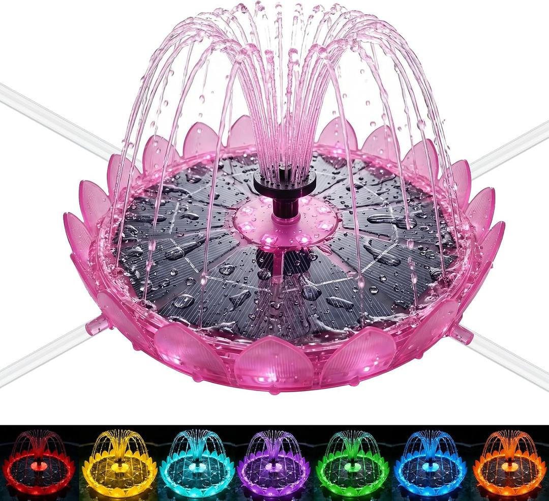 2 x 6.3" Solar Bird Bath Fountain with Battery & Color Changing LED Lights Solar Powered Water Fountain Pump with 5 Nozzles, Anti-Floating Poles for Bird Bath, Garden Pond & Backyard Lotus