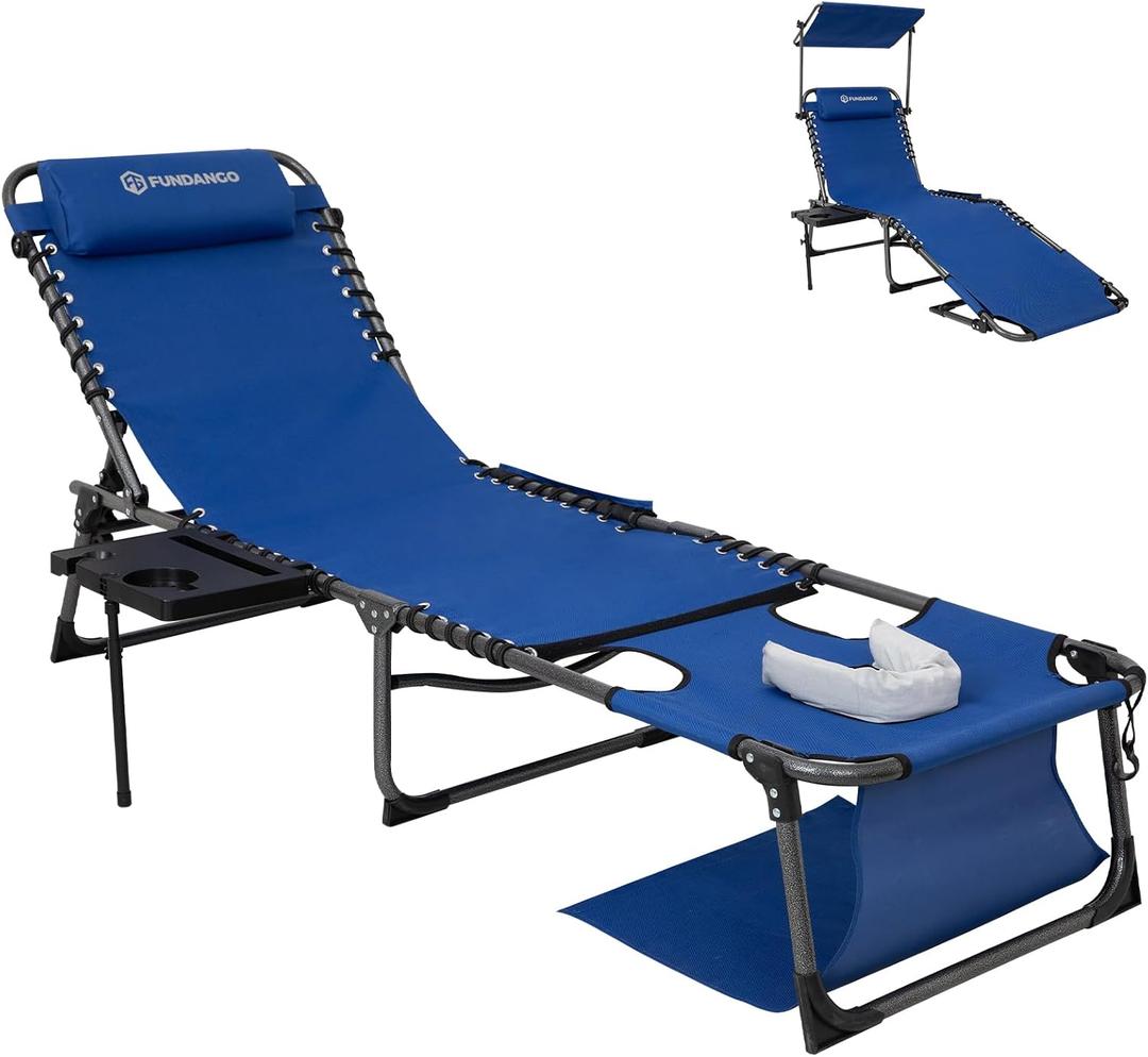 FUNDANGO 4 in 1 Tanning Chair with Face Hole, Beach Lounge Chair w/Canopy Shade & Side Table Chaise Lounge Chairs for Patio, Pool, Lawn, Sunbathing, 5-Position Adjustable Sun Lounger, Blue, Oversized
