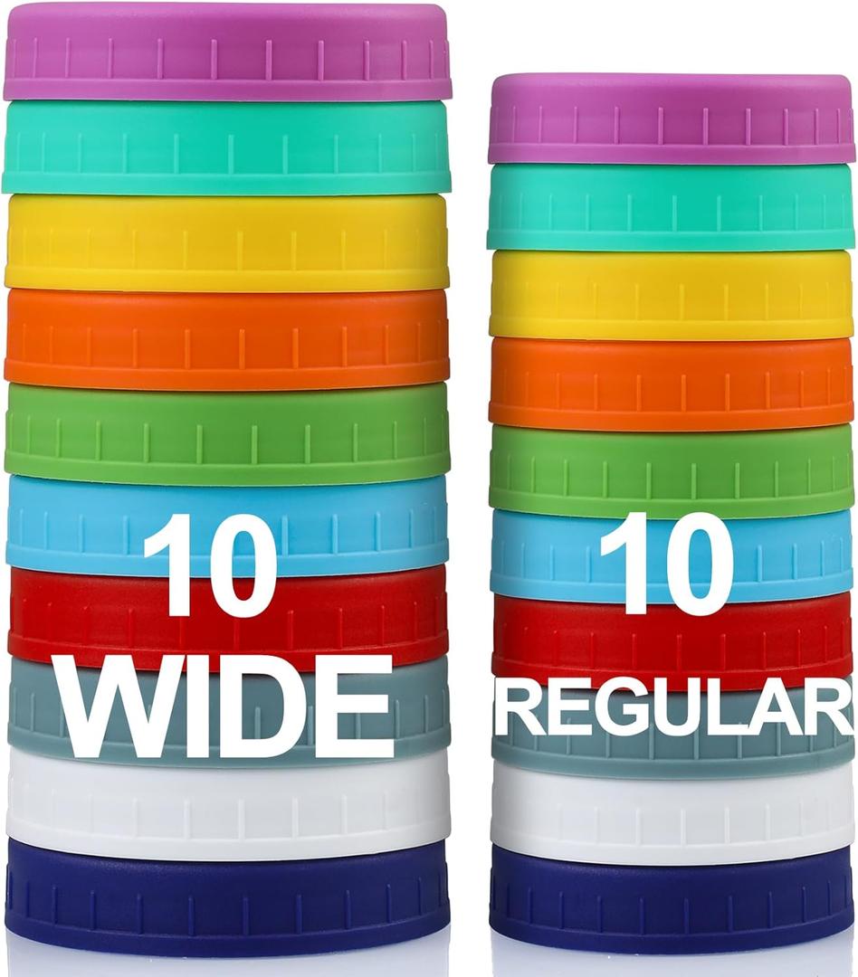 AOZITA 10 WIDE Mouth & 10 REGULAR Mouth Mason Jar Lids - 20 Pack Food Grade Plastic Mason Jar Caps for Ball, Kerr and More Canning Jars - Leakproof & Dishwasher Safe - Multicolor