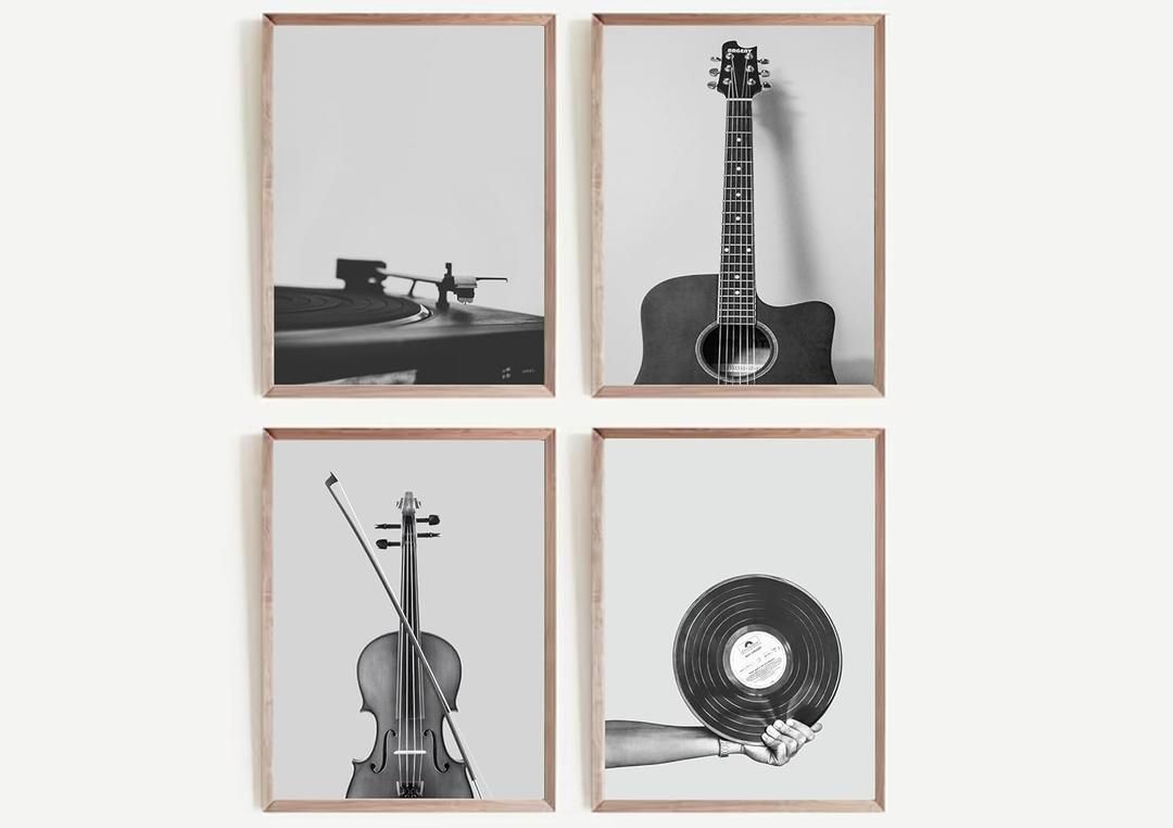 ESPWTOUD 4Pcs Black and White Minimalist Music Canvas Wall Art, Vintage Guitar Violin Vinyl Record Musical Instruments Poster Print, Wall Decor Artwork for Music Studio Living Room Bedroom Home DecorationUNFRAMED (1624in)