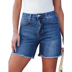 luvamia FleXclusive Jean Shorts for Women Trendy High Waisted Stretchy Denim Summer Casual Raw Hem Mom Long Cutoff Jorts Shorts Women Medium Blue Size XX-Large Fits US 20-22