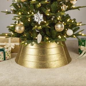 Glitzhome 26" D Christmas Painted Gold Glitter Metal Tree Collar, Metal Tree Skirt for Christmas Decor