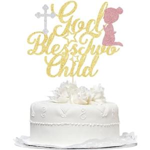 5 Pack God Bless This Child Cake Topper，Glitter Baptism God Bless Child Cake Pick Decorations，Baby Shower Birthday Party Decorations Christian Religious Party Decoration Supplies (Gold (rose))