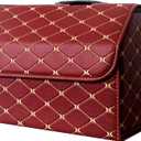 PME Car Truck Organizer with Cover/Single Plastic Handle, Heavy Duty PU Leather Portable Cargo Storage Box Seat Back Container Foldable Auto Car Backseat Organizer Red - Size M