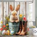 Easter Bunny Shower Curtain Farmhouse 72x72 Inch Funny Spring Cute Rabbits Eggs Western Boots Flower Floral Rustic Wooden Bath Curtain, Bath Decor Waterproof Fabric Bathtub Curtains 12 Hooks