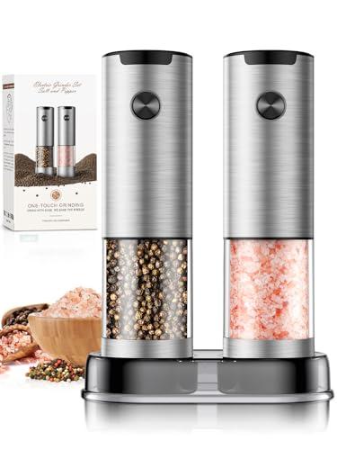 Salt and Pepper Grinder Set- Automatic Battery Pepper Mill Shakers Gifts for Men Dad, Adjustable Coarseness Upgraded Larger Capacity with Led Kitchen Essentials for New Home Housewarming