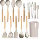LIANYU 15-Piece Kitchen Cooking Utensils Set with Holder, Silicone Cooking Utensils Include Spatula Tong Slotted Spoon Turner Whisk Brush, Wooden Handle Kitchen Tools for Nonstick Cookware, Khaki