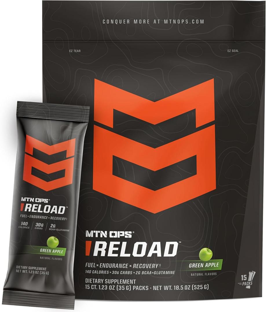 MTN OPS Reload Ready-to-Mix Carb Mix, 30g Fast-Digesting Carbohydrates, MCT Oil Powder & BCAAs, Energy & Endurance, Single-Serve Stick Packs, 15 Servings, Green Apple (EXP 03/01/27)