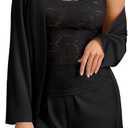 Umenlele Women's 4pcs Sleepwear Satin Floral Lace Trim Cami Shorts Pajama Set with Robe (X-Large, Black)