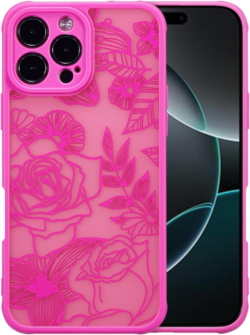 XIZYO for iPhone 16 Pro Max Case, Floral Rose Cute Phone Case for Women Girls Aesthetic Pattern Print Slim TPU Bumper Shockproof Protective Cover for iPhone 16 Pro Max 6.9 Inch, Hot Pink