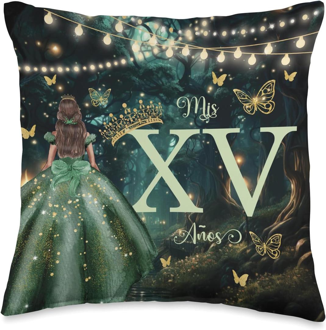 Enchanted Forest Emerald Green Quinceañera Mis XV 15 Años Throw Pillow, 16x16