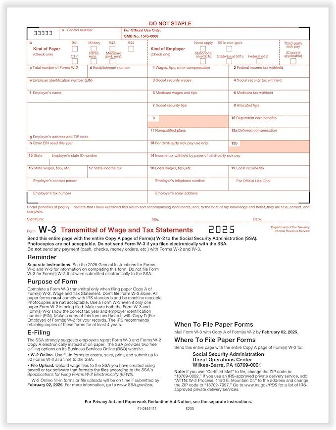 W3 Transmittal Forms 2025, Pack of 10 W3 Laser Forms Summary for Transmittal of Wage and Tax Statements, W3 IRS Approved,W3 Forms Designed for QuickBooks and Accounting Software,10 Pack