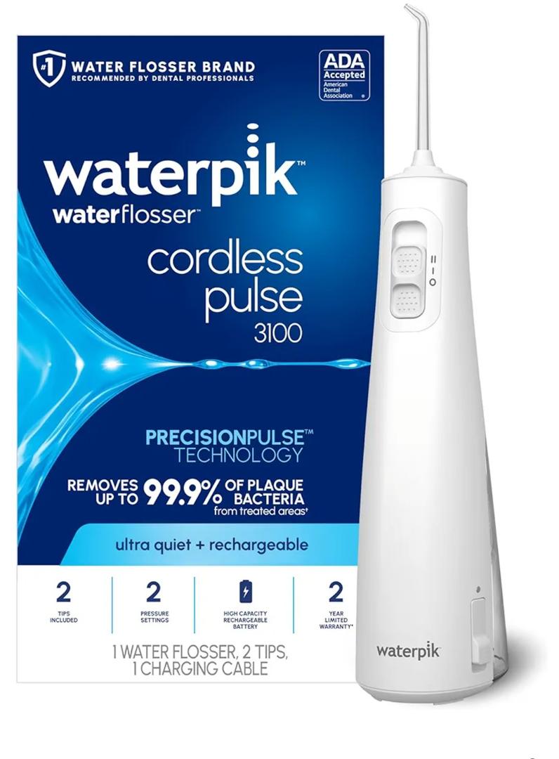 Waterpik Cordless Pulse Rechargeable Portable Water Flosser for Teeth, Gums, Braces Care and Travel with 2 Flossing Tips, Waterproof for Shower, ADA Accepted, WF20 White
