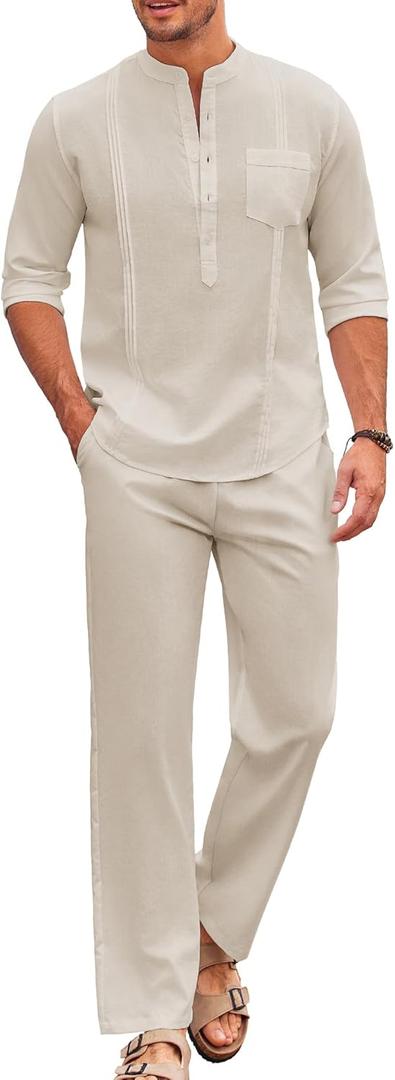 COOFANDY Men's 2 Piece Cotton Sets Casual Long Sleeve Cuban Henley Shirt and Loose Pants Set Beach Vacation Outfits (Large, Beige)