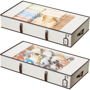 Yecaye Under Bed Storage Containers, 24L Closet Organizers and Storage Bins, 2 Pack Foldable Under Bed Storage Bags with Clear Window & 3 PU Leather Handles for Clothes, Blankets, Comforter, Beige (Small)