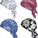 4pcs Pre-Tied Chemo Head Scarf Beanie Covers Cap Head Scarves Sleep Turban Hat Women Bandana with Stretch Print Ruffle (Blue)