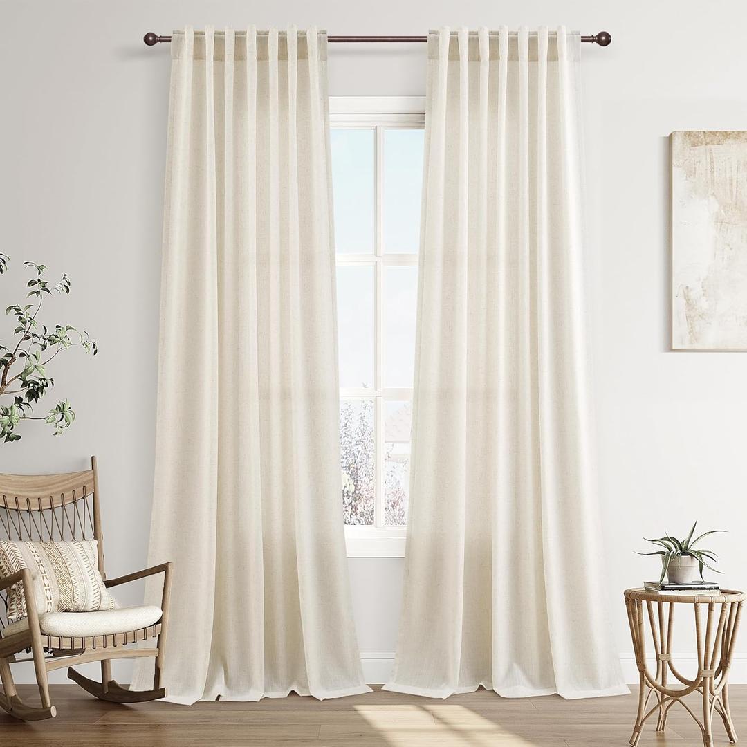 Joywell Natural Linen Curtains 112 Inches Long for Living Room 2 Panels Boho Privacy Cream Light Filtering Semi Sheer Curtain for Bedroom Farmhouse Neutral Drapes Window with Back Tab 52x112 Inch