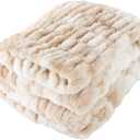 Oversized Ruched Faux Fur Blanket - 60x80-Inch Jacquard Faux Fur Queen-Size Throw for Sofas and Beds - Luxurious Bedding by Lavish Home (Cream)