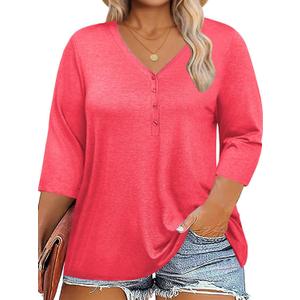 IRISGOD Womens Plus Size Tops V Neck 3/4 Sleeve Casual T Shirts Loose Plain Tunic Tees (XL)