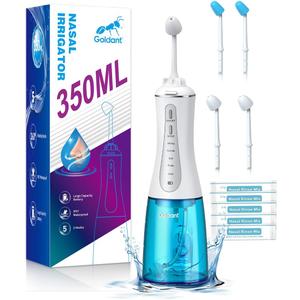 350ML Neti Pot Sinus Rinse Kit, Nasal Irrigation System with 5 Modes, 4 Nozzles, Cordless Rechargeable, IPX7 Waterproof, Nose Cleaner for Sinus Relief (350ML 40 Salt Packets)