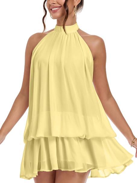 Party Mini Dress for Women Premium Feel Ruffled Bubble Dress Self-Tie Strap Sexy Sleeveless Backless Fitted Dress Lemon Yellow S