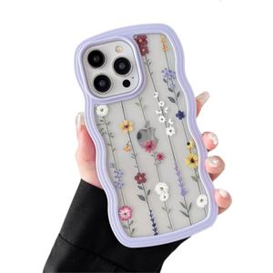 ZTOFERA Floral Case for iPhone 14 Pro Max 6.7 inch,Cute Curly Wave Frame Shape Case with Branch Flower Pattern for Women Girls, Clear Slim Shockproof Phone Cover for iPhone 14 Pro Max, Purple