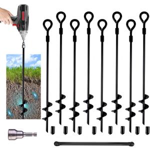MIXXIDEA18 Inch Ground Anchors Screw in Folding Ring Spiral Metal Ground Stakes Dog Tie Out Stake Spiraling Anchor Trampoline Anchors for Tent (black-8pk)