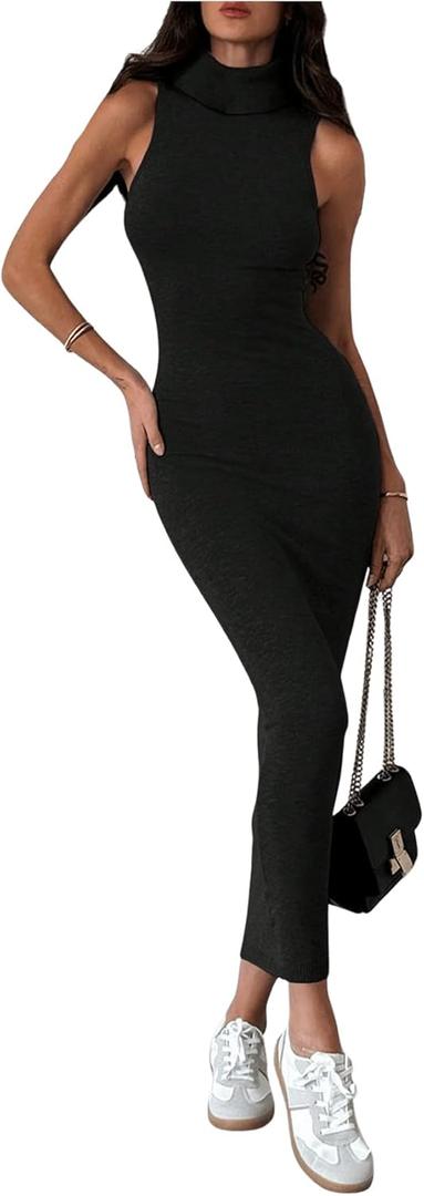 GORGLITTER Women's Turtleneck Long Sweater Dress Fall Sleeveless Elegant Bodycon Knitted Maxi Dresses (Large, Black)
