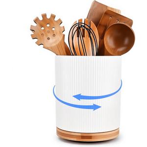 QUELIEN Utensil Holder, 360 Rotating Ceramic Kitchen Utensil Holder for Countertop, 7.7" Utensil Crock for Kitchen Counter with Rotatable Wooden Base,Ideal Housewarming Gift & Mothers Day Gift (white)