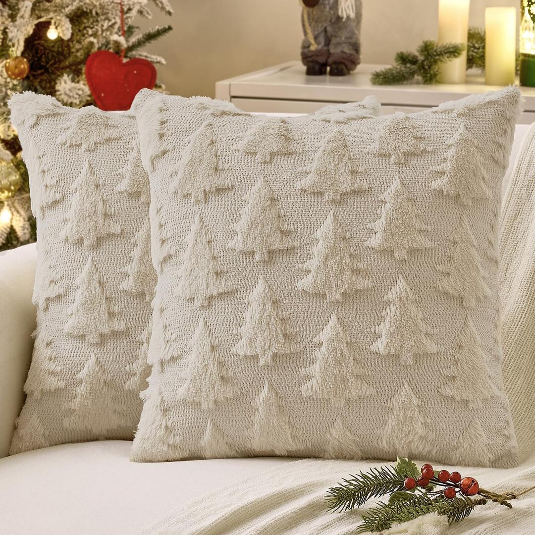 MIULEE Christmas Throw Pillow Covers Beige Christmas Decorations Set of 2 Xmas Tree 18x18 Pillow Covers Soft Plush Faux Wool Pillowcases Holiday Festivals Winter Home Decor Sofa Couch Bed Porch