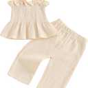 VISGOGO Infant Baby Toddler Girls Clothes Solid Color Sleeveless Camisole Linen Pants Set Baby Summer Outfits (Beige, XS)