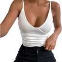 SHENHE Women's Deep V Neck Ruched Summer Spaghetti Strap Solid Fitted Camisole Tank Top (White, M)