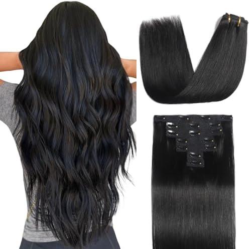 Sisily Clip in Hair Extensions Real Human Hair, 24 Inch Premium Human Hair Clip in Extensions Natural Black, Soft Straight Hair Extensions Real Human Hair Clip ins 7PCS Double Weft（24 Inch #1B）