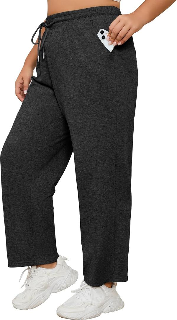 FOREYOND Plus Size Sweatpants for Women Wide Leg Yoga Pants Workout Pants 1XL-5XL (Gray, S)