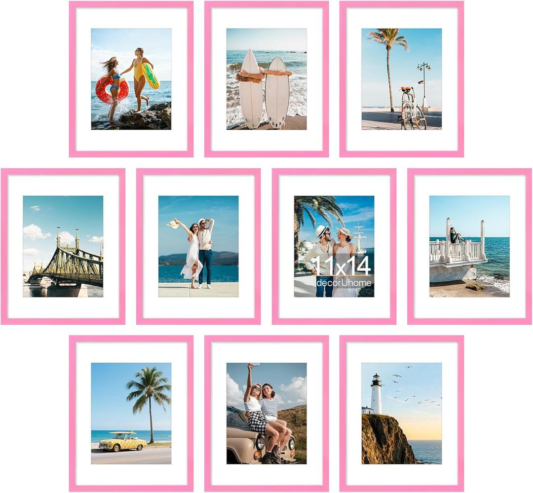 decorUhome 11x14 Picture Frame Set of 10, Display Photos 8x10 with Mat or 11x14 Unmatted for Picture Frames Collage Wall Decor, Pink