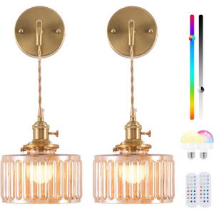 Vintage Battery Operated Wall Sconce with Adjustable Chain,Rechargeable Wireless Wall Sconces with Remote Control,Brass Vintage Wall Lamp for Living Room Bedroom Set of 2 (Striped-Amber)