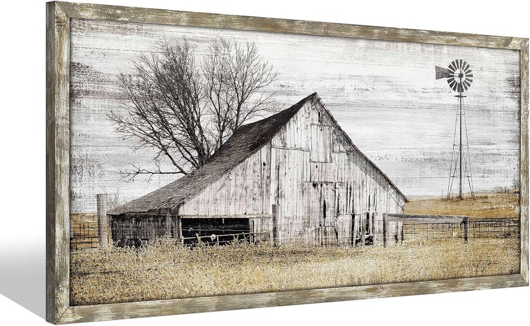 Barn Wall Art Decor Picture: Bedroom Framed Farmhouse Wooden Painting Rustic Horizontal Country Landscape Farm Windmill Print Long Panoramic Nature Scene Countryside Artwork for Living Room Bathroom, 24"L x 12"W