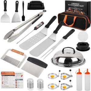 Griddle Accessories Kit, 25pcs Flat top Griddle Cooking Accessory Set for Blackstone and Camp Chef with Scraper, Fork, Tongs, Burger Press, Basting Cover, Egg Ring for Outdoor/Camping BBQ