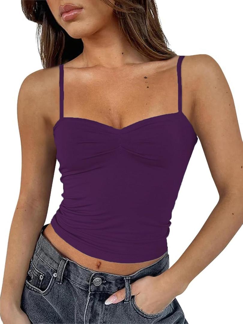 Going Out Tops for Women - Sexy Crop Tank Top Double Lined Spaghetti Strap Trendy (Small, Dark Purple)
